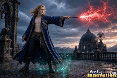 In a bright blue robe, a blond man shoots red lightning from a wand on a rooftop