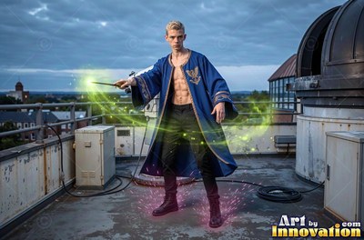 A blond man in a pale blue robe points a wand, casting green light on a rooftop
