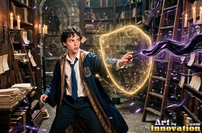 A young man aims a wand forward in a dark library, casting a yellow shield