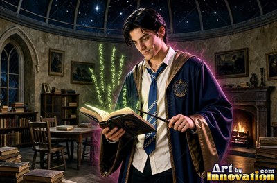 A smiling young man in a blue robe points a wand at an open spellbook