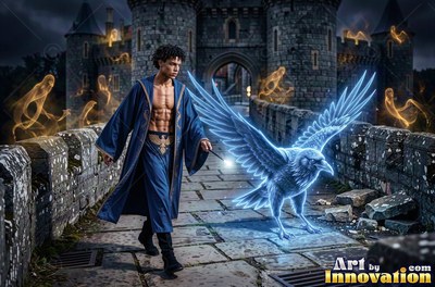 On a stone castle bridge, a young man walks beside a bright blue raven made of light