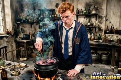 Stirring a black cauldron, a red-haired young man in a blue robe brews a potion