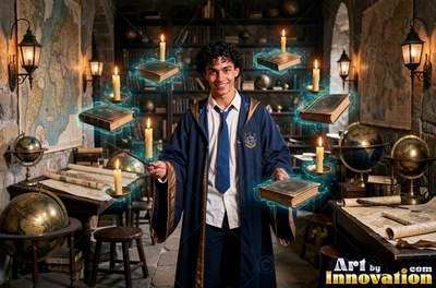 A smiling man in a blue robe levitates old books and candles