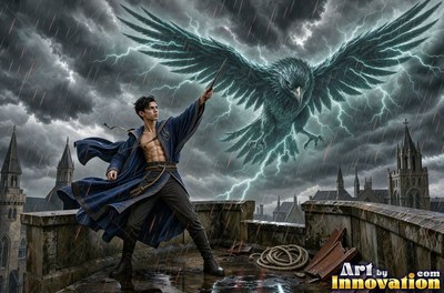 Wearing a plain blue robe, a man casts magic on a rainy rooftop beneath a giant raven in lightning