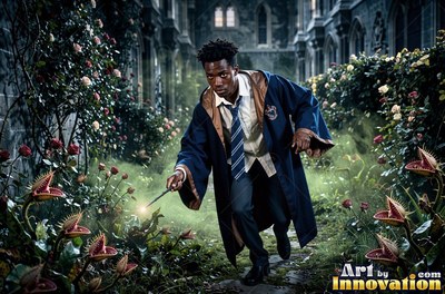 A young man runs in blue robes with his wand pointed near bright green mist