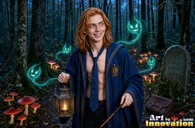 Smiling slightly in a dark forest, a shirtless man in a blue robe carries a lantern
