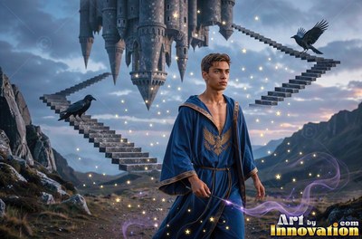 A young man in a blue robe walks in a rocky field near floating stairs and ravens
