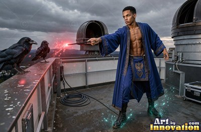 On an observatory roof, a shirtless man in blue robes casts magic near two ravens