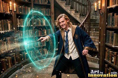 Casting a spell in a library, a young blond man in blue robes points a wand at a green light ring