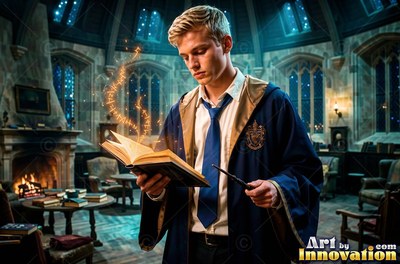 Blond man in a blue robe reads a spellbook holding a wand