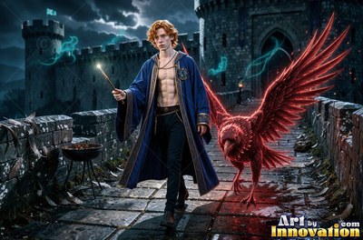 Wearing a plain blue robe on a castle bridge, a young man walks beside a red raven
