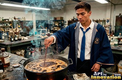 A young man stirs a bubbling cauldron with a wand under bright basement lights