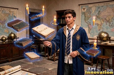 Standing in a study, a young man in blue robes points a wand at floating books