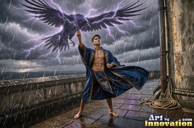 A barefoot man in a blue robe holds up a wand to a giant storm raven in the rain