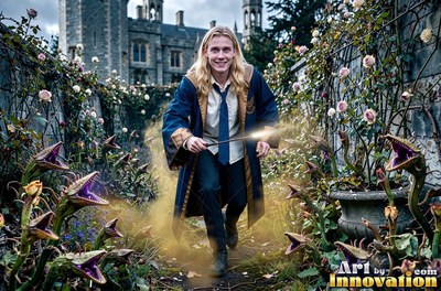 In a castle garden, a blond man in a blue robe steps forward with his wand