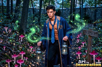 Walking through a dark forest, a shirtless man carries lanterns in an open blue robe