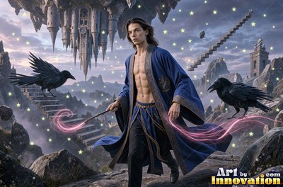 A man in a plain blue robe walks between two black ravens