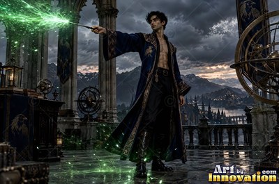 In an open blue robe, a man casts green sparks from his wand on a stone castle terrace
