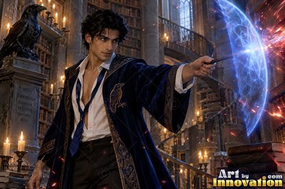 A young man casts a shield spell with his wand, releasing bright blue light