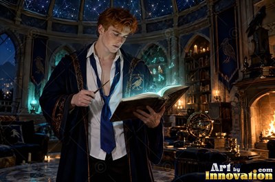 Standing in a dark library, a red-haired man in blue robes reads an open spellbook