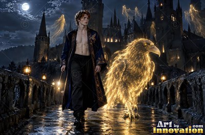 A bare-chested man walks along a stone bridge with a bright gold raven beside him