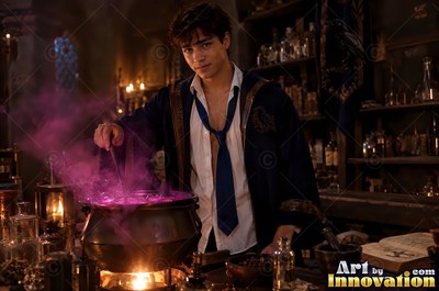 In a dark classroom, a young man in an open robe stirs a purple cauldron