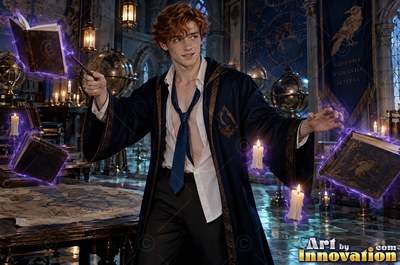 Casting magic with a wand, a red-haired young man floats purple spellbooks in a hall
