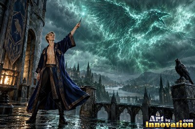 A man in a blue robe raises a wand to summon a lightning raven