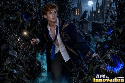 Wearing a loose blue tie, a young man holds a lit wand in dark briars by a moonlit castle