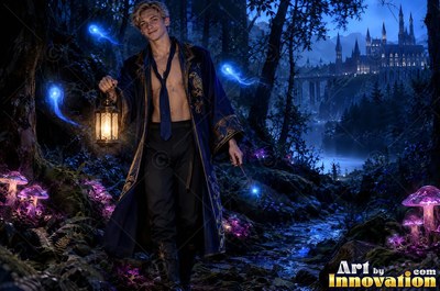 A young man holds a lantern in a dark blue forest with purple mushrooms