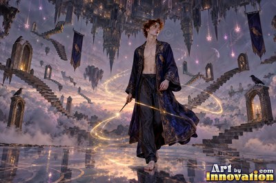 Walking barefoot in a dark blue robe, a young man casts spells on a cloudy terrace