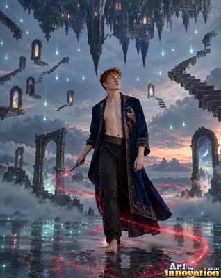 A barefoot man in an open blue robe holds a wand under floating stone stairs