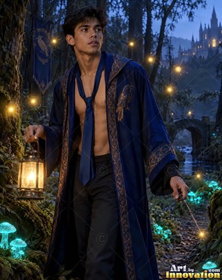In a dark forest, a shirtless man in a bright blue robe holds a lantern