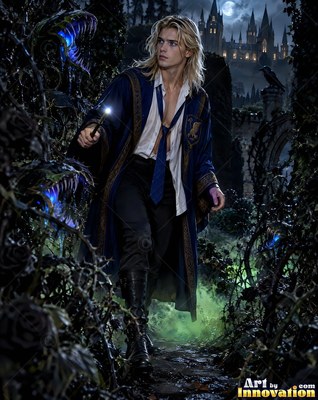 Holding a lighted wand, a blond man in a blue robe walks past thorny vines at night