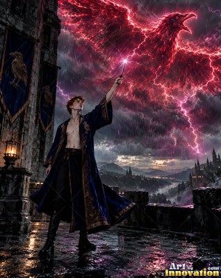 A man in a blue robe raises a wand beneath a red lightning raven