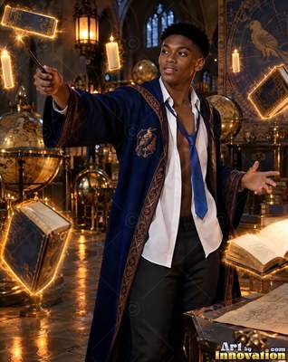 Wearing an unbuttoned blue robe, a young man raises a wand to levitate books in a dark library