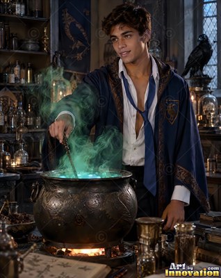 A young man stirs a dark cauldron while bright green smoke rises up