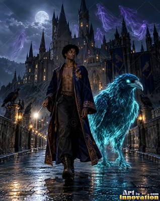 Walking forward on a wet stone bridge, a man in a blue robe walks beside a blue raven