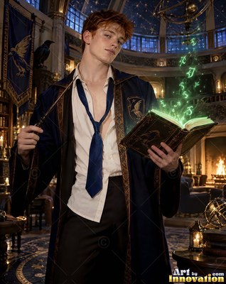 A red-haired young man in a blue robe holds a wand and an open book of green magic