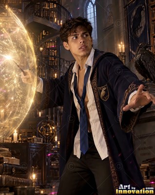 In a dim library, a young man casts a bright magic shield with his wand