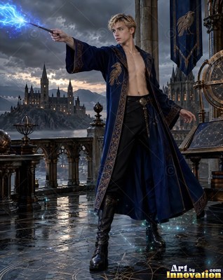 Aiming a wand with blue sparks, a shirtless man in a dark blue robe stands outside