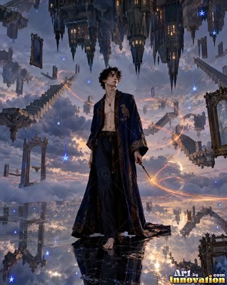 Barefoot man in an open dark blue robe holds a wand near floating stairs