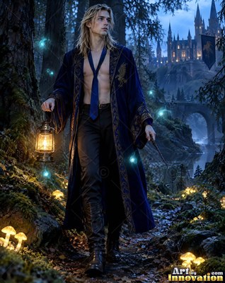 An open dark blue robe on a blond man holding a lantern in woods near a castle