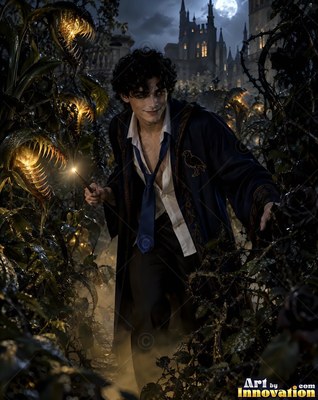 A young man steps through thorny plants at night, holding a tiny bright wand tip