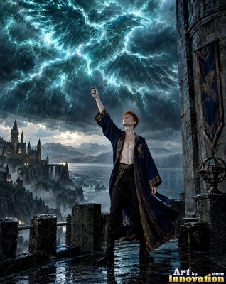 Standing on a castle balcony, a man raises his wand at a lightning raven