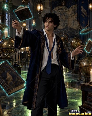 A young man in a blue robe waves a wand as spellbooks float around the room