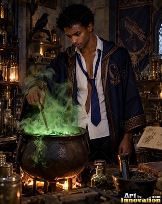 In a dark potion room, a young man stirs green smoke rising from a cauldron