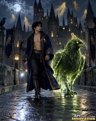 Walking at night, a barefoot man in a blue robe leads a green spirit raven outside a castle