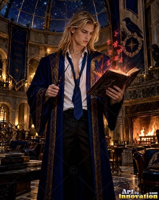 Blond man in blue wizard robes holding an open spellbook