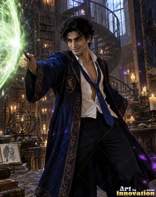 In an unbuttoned shirt inside a candlelit library, a young man casts green light with a wand